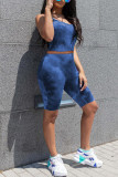 Blue Sexy Casual Print Backless Spaghetti Strap Sleeveless Two Pieces