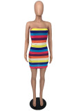 Rainbow Color Fashion Sexy Striped Print Backless Strapless Sleeveless Dress