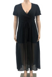 Black Casual Solid Patchwork Frenulum V Neck Short Sleeve Dress Plus Size Dresses