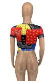 Red Casual Print Patchwork O Neck T-Shirts