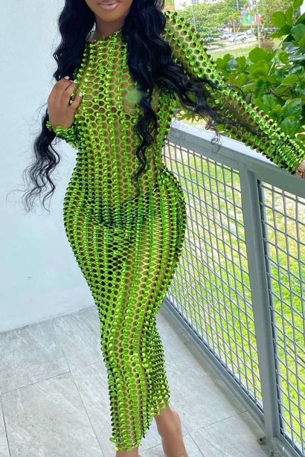 Fluorescent Green Sexy Solid Hollowed Out O Neck Pencil Skirt Dresses