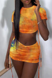 Yellow Fashion Casual Tie Dye Printing O Neck Short Sleeve Two Pieces