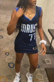 Deep Blue Casual Sportswear Letter Print Patchwork V Neck Vest Dress
