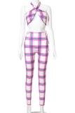 Pink Sexy Plaid Split Joint Halter Sleeveless Two Pieces