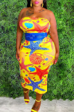 Yellow Sexy Print Patchwork Strapless Pencil Skirt Plus Size Two Pieces