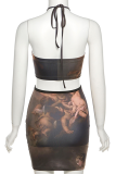 Black Sexy Print Hollowed Out Halter Pencil Skirt Dresses