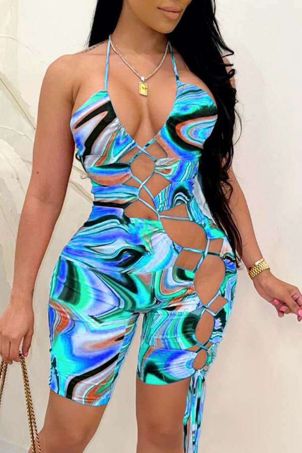 Light Blue Sexy Print Patchwork Swimwears