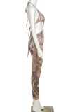 Brown Sexy Print Hollowed Out Spaghetti Strap Skinny Jumpsuits