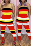 Red Fashion Sexy Striped Print Backless Strapless Regular Jumpsuits