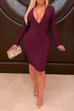 Color Blue Sexy Solid Patchwork V Neck Pencil Skirt Dresses