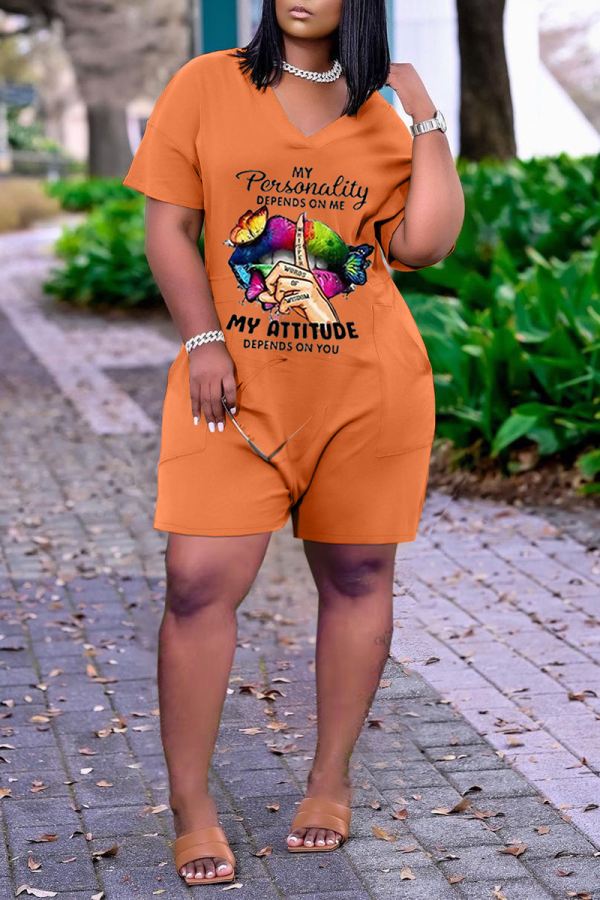 Orange Casual Print Patchwork V Neck Loose Rompers