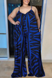 Blue Casual Print Patchwork Backless Spaghetti Strap Loose Jumpsuits