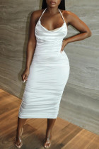 White Fashion Sexy Solid Backless Fold Spaghetti Strap Short Sleeve Dress