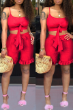 Red Casual Solid Flounce Spaghetti Strap Sleeveless Two Pieces