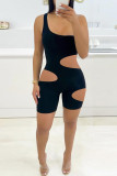 Pink Fashion Sexy Solid Hollowed Out One Shoulder Skinny Romper