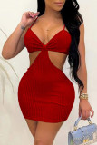 Rose Red Sexy Solid Hollowed Out Spaghetti Strap Wrapped Skirt Dresses