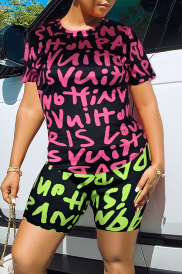 Pink Green Fashion Casual Print Basic O Neck Short Sleeve Two Pieces