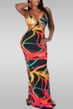 Red Sexy Print Hollowed Out Patchwork Spaghetti Strap Sling Dress Dresses