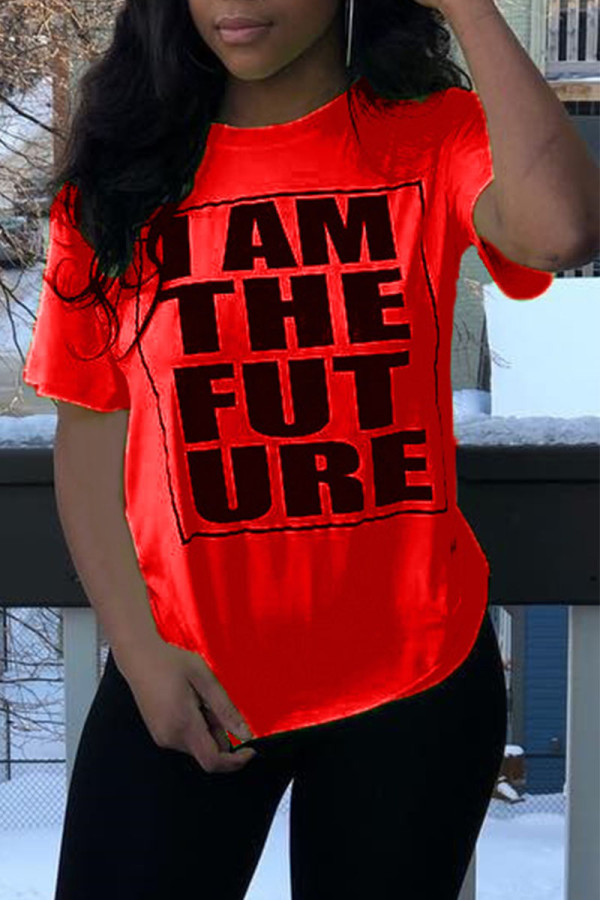 Red Casual Letter Print Patchwork O Neck T-Shirts