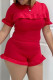 Red Casual Solid Stringy Selvedge O Neck Short Sleeve Two Pieces