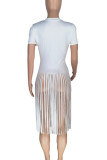 White Street Print Tassel Patchwork O Neck T-Shirts
