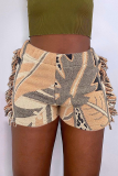 Blue Casual Print Tassel Patchwork Straight Mid Waist Straight Full Print Bottoms