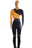 Orange Sexy Patchwork Hollowed Out Mesh O Neck Long Sleeve Two Pieces
