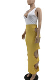 Yellow Sexy Solid Hollowed Out Patchwork V Neck Pencil Skirt Dresses