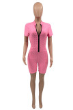 Pink Fashion Casual Solid Basic Zipper Collar Regular Romper