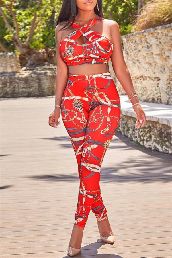 Red Sexy Casual Print Backless U Neck Sleeveless Two Pieces