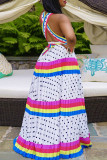 White Sexy Striped Print Polka Dot V Neck A Line Dresses