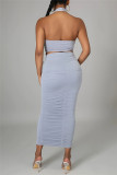 Silver Sexy Solid Hollowed Out Backless Fold Halter Sleeveless Two Pieces