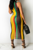 Yellow Sexy Striped Patchwork Half A Turtleneck Pencil Skirt Dresses