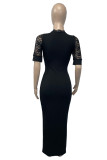 Black Fashion Solid Split Joint V Neck Short Sleeve Dress