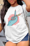 White Fashion Casual Print Basic O Neck T-Shirts