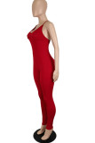 Burgundy Casual Solid Patchwork Spaghetti Strap Skinny Jumpsuits