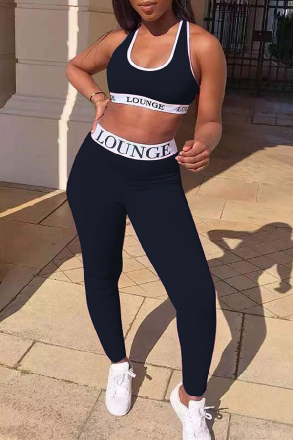 Black Casual Sportswear Print Vests Pants U Neck Sleeveless Two Pieces