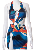 Colour Sexy Print Hollowed Out V Neck Pencil Skirt Dresses
