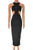 Black Sexy Solid Patchwork Backless Halter Sleeveless Two Pieces