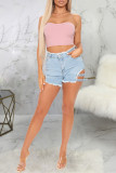 Baby Blue Fashion Casual Solid Hollowed Out Split Joint High Waist Regular Jeans