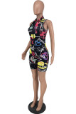Black Casual Sportswear Print Basic Zipper Collar Skinny Romper