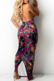 Blue Sexy Print Patchwork Spaghetti Strap Sling Dress Dresses