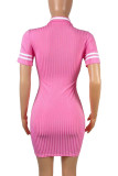 Pink Casual Solid Patchwork Turndown Collar Straight Dresses