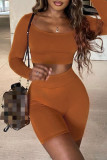 Brown Fashion Casual Solid Basic O Neck Long Sleeve Two Pieces