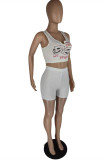 White Fashion Casual Print Vests U Neck Sleeveless Two Pieces
