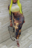 Brown Fashion Sexy Print See-through O Neck Long Sleeve Dresses