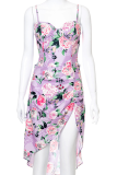 Purple Sexy Print High Opening Spaghetti Strap Sleeveless Two Pieces