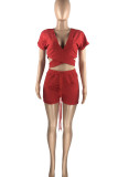 Red Casual Solid Ripped Hollowed Out Patchwork V Neck Short Sleeve Two Pieces