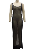 Black Sexy Solid Mesh Off the Shoulder Straight Dresses