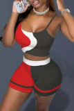 Red Black Sexy Casual Print Backless Spaghetti Strap Sleeveless Two Pieces